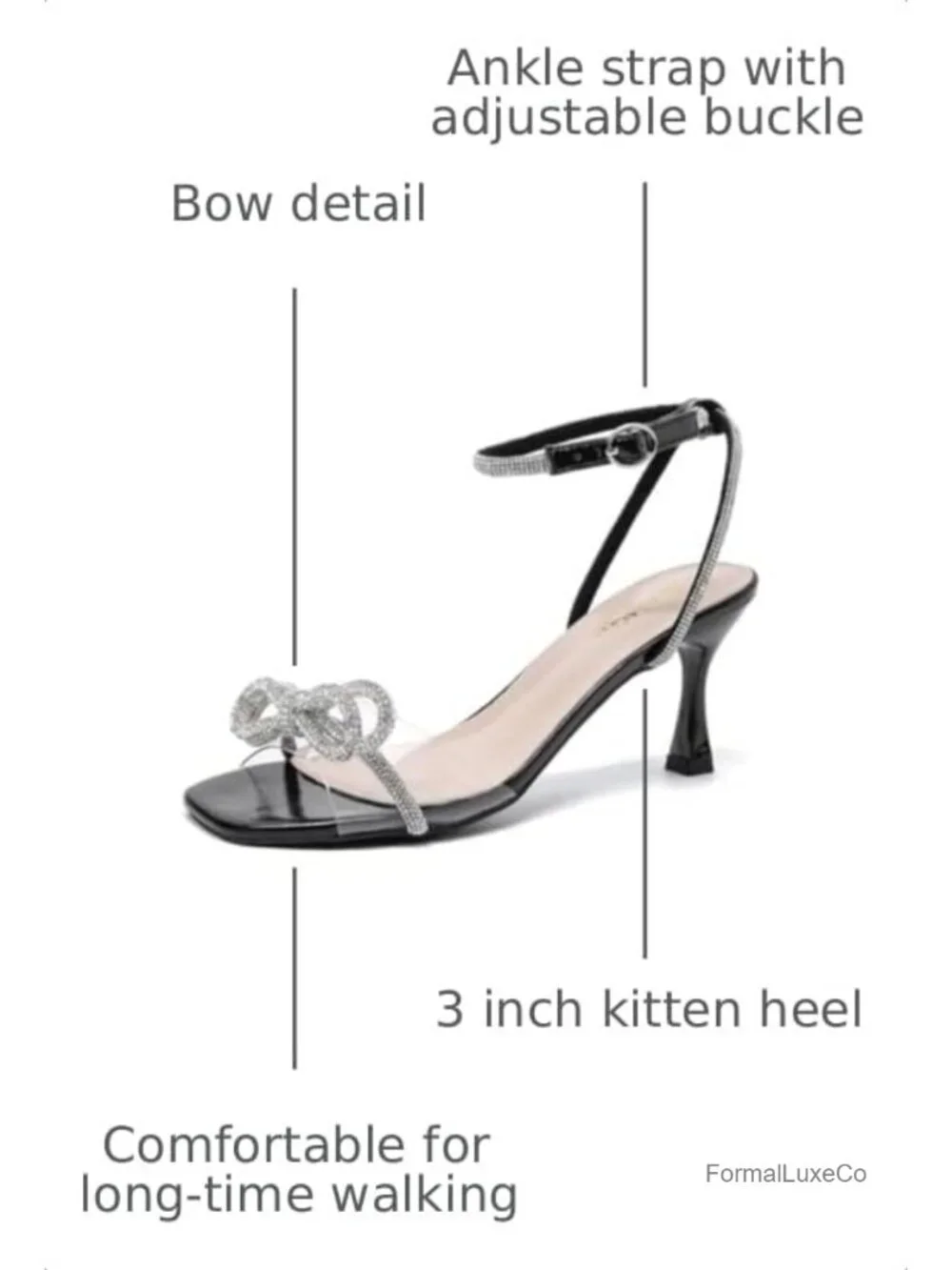 Kitten Heels Rhinestone Bow Strappy Dress Shoes 3 Inch Heel